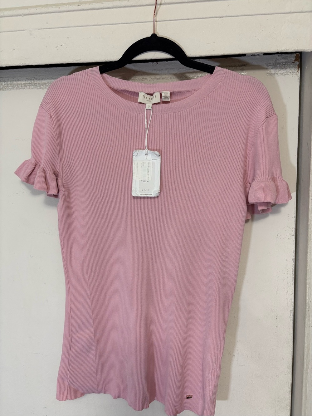 Ted Baker Light Pink Ribbed Top with Ruffle Sleeves